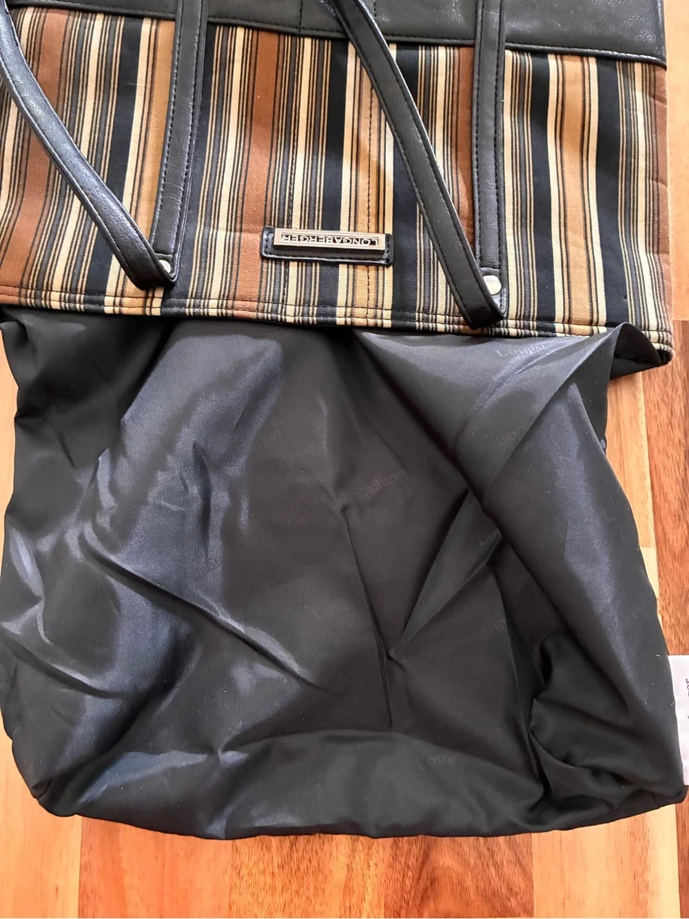Longaberger Homestead Tote Bag Handbag Purse Black, Brown, Tan Stripe